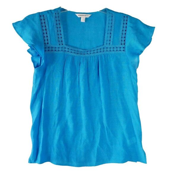 Counterparts Womens Size S Crochet Trim Boho Peasant Blue Blouse Top - Picture 1 of 13